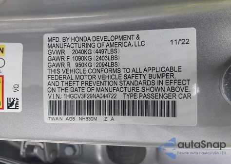 2022 Honda Accord Hybrid Sport from USA, damaged, VIN 1HGCV3F29NA044722